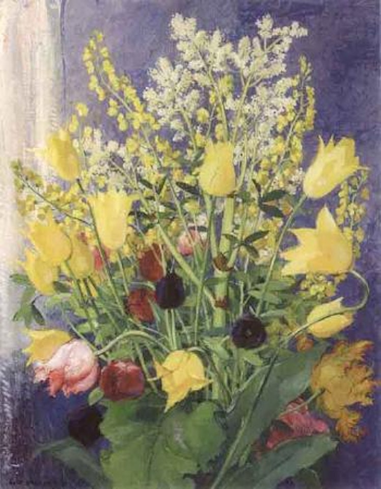 Still life of tulips, rhubarb and rape by Olle Hjortzberg