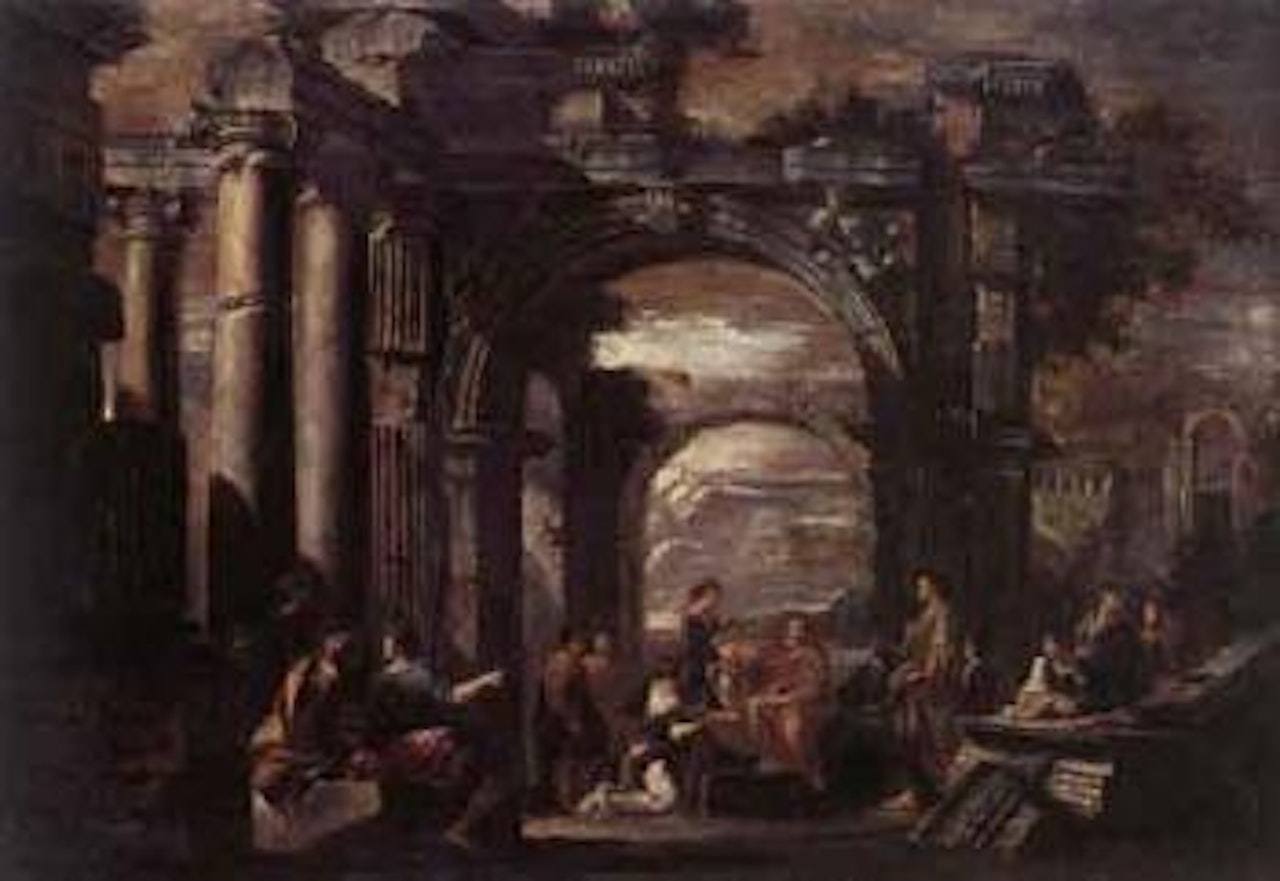 Landscape with ruins and figures by Giovanni Ghisolfi