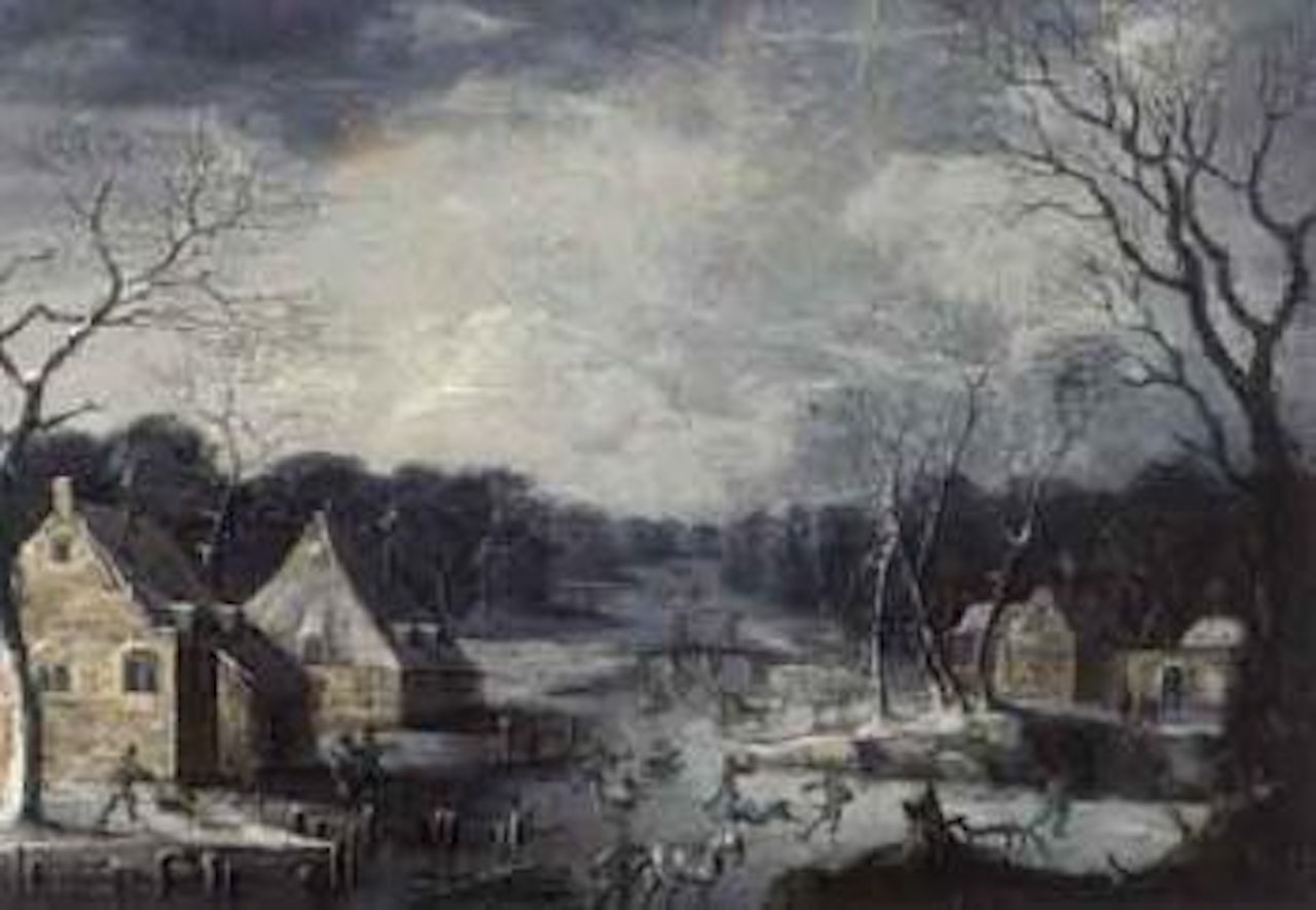 Winter landscape with sleighs and skaters by Jan Abrahamsz. Beerstraten