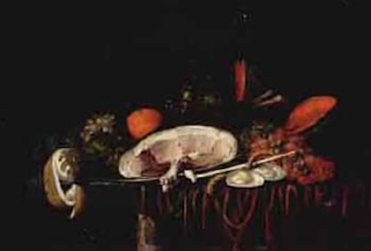 Still life with fruit, ham, oysters and glasses by Jan Pauwel Gillemans