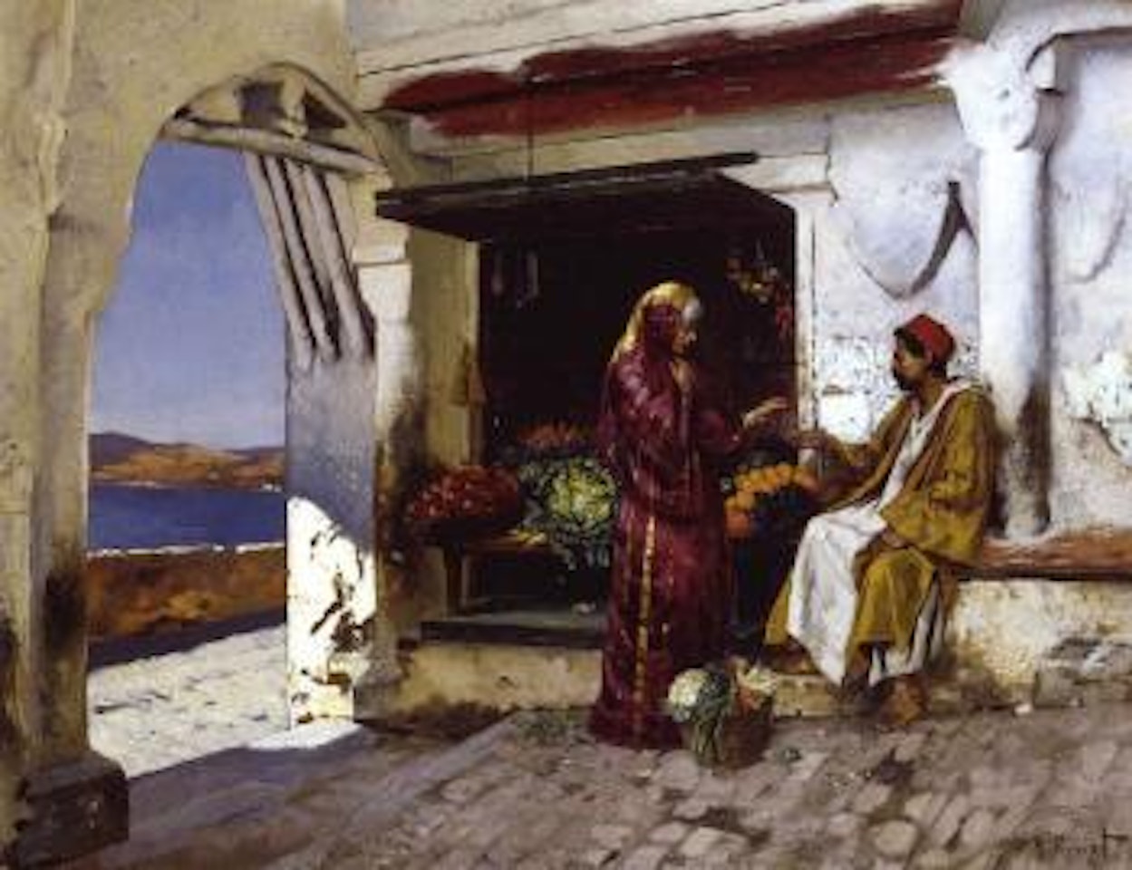 Jeune femme chez le marchand du bord de mer by Rudolf Ernst