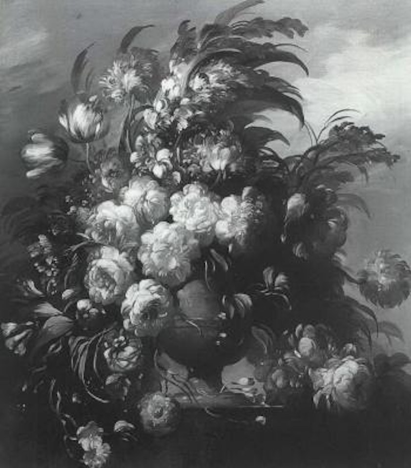 Carnations, tulips and other flowers in a vase on a ledge in a landscape by Jean Baptiste Monnoyer