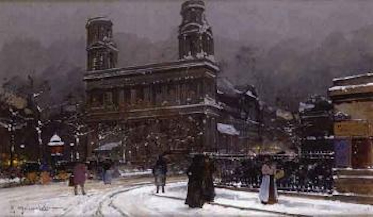 Hiver a Paris: l'eglise Saint-Sulpice sous la neige by Eugene Galien-Laloue