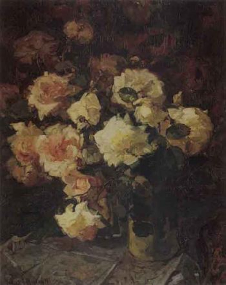 Still life with pink and yellow flowers in a vase by Franz A Bischoff