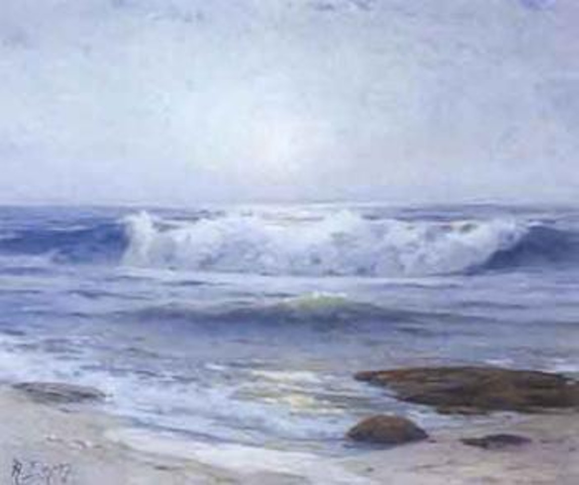 Waves crashing on a rocky beach at sunset by Angel Espoy