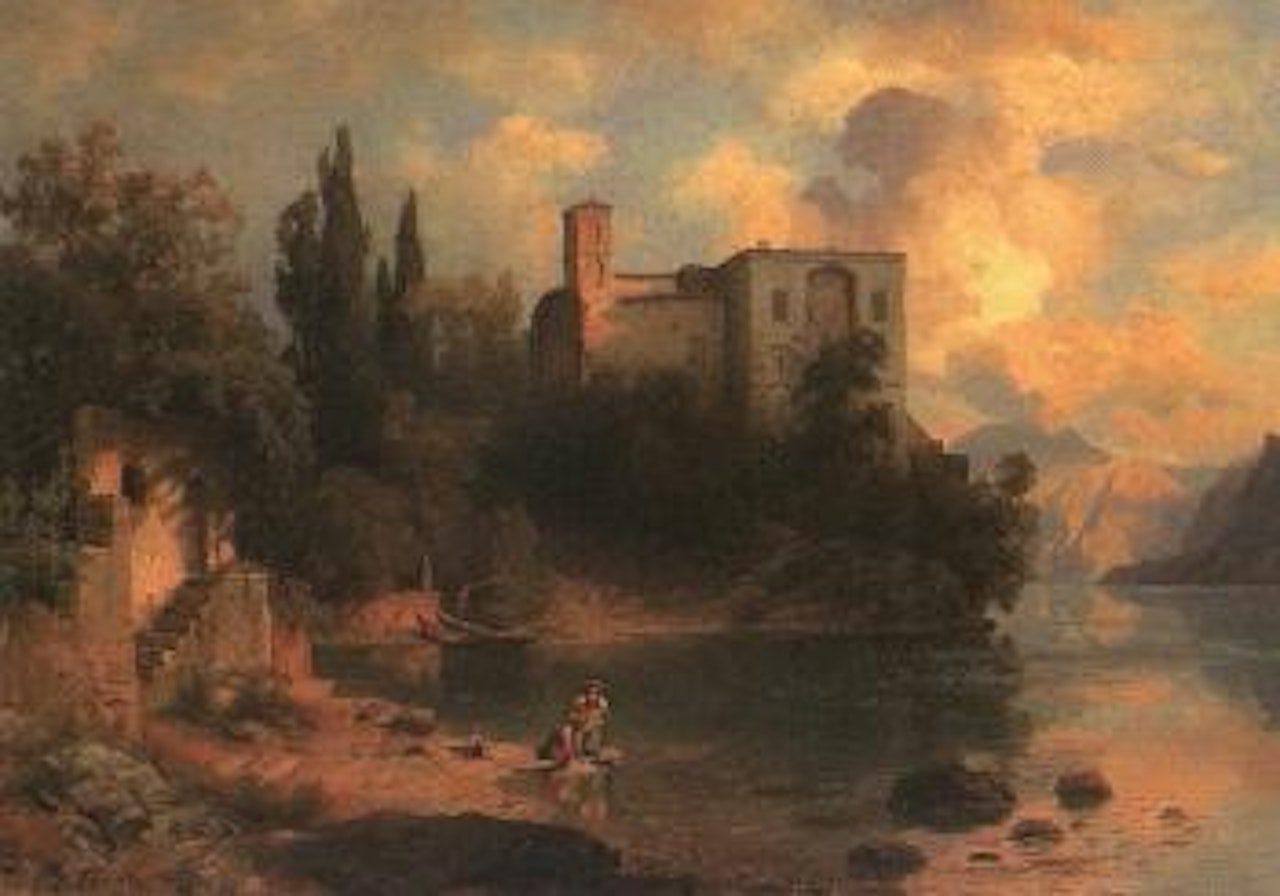 Upper Italian lake with washerwomen on shore by August Wilhelm Leu