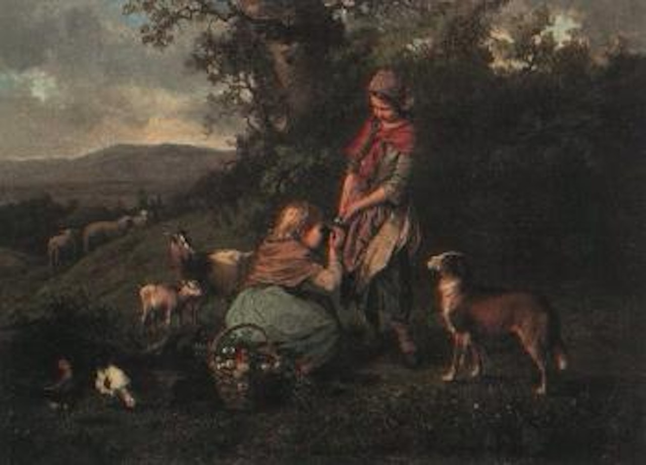 Two little shepherdesses with dog, goats, sheep and hens by Henry Campotosto by Eugène Joseph Verboeckhoven