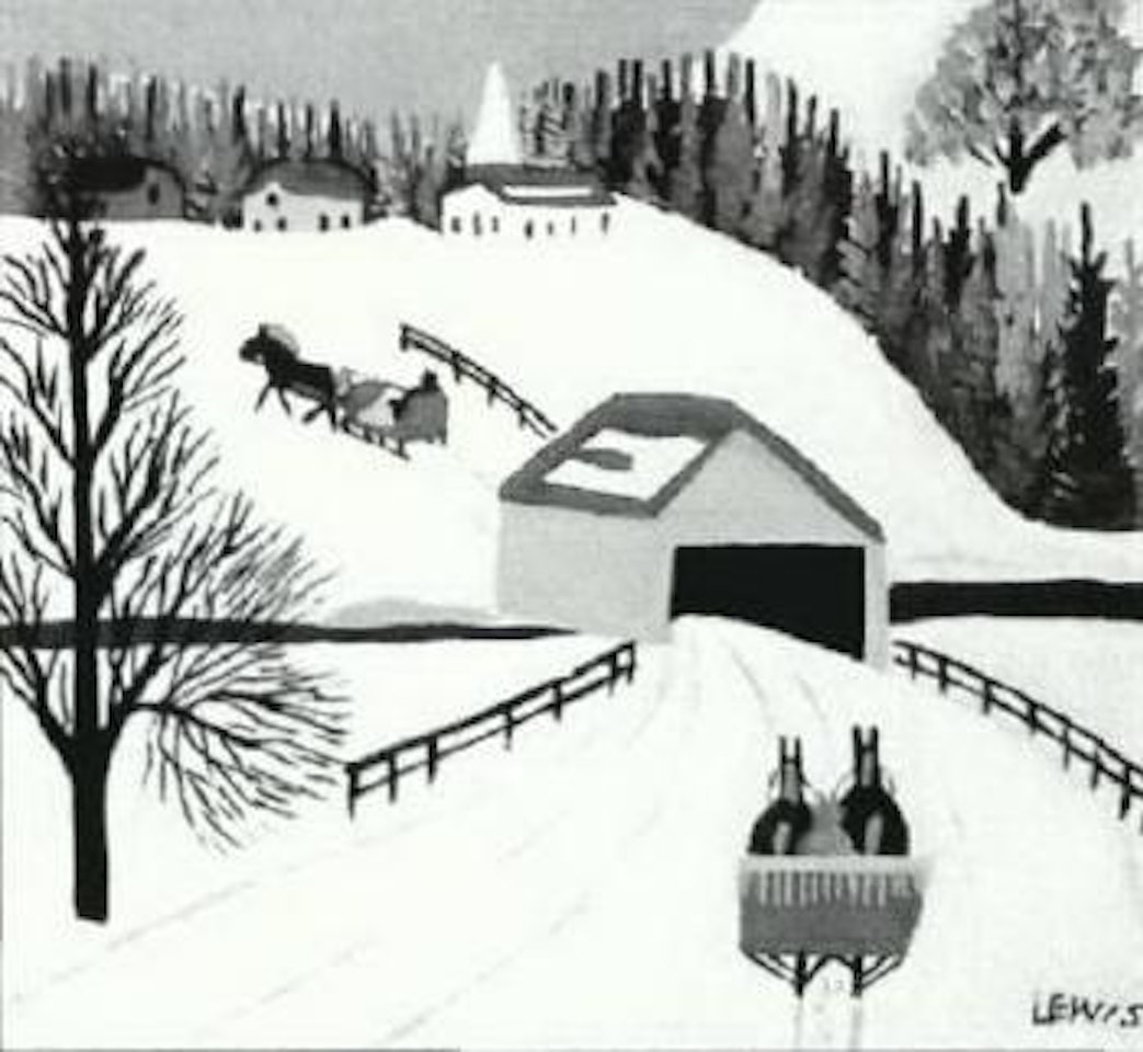 Untitled, covered bridge in winter by Maud Lewis