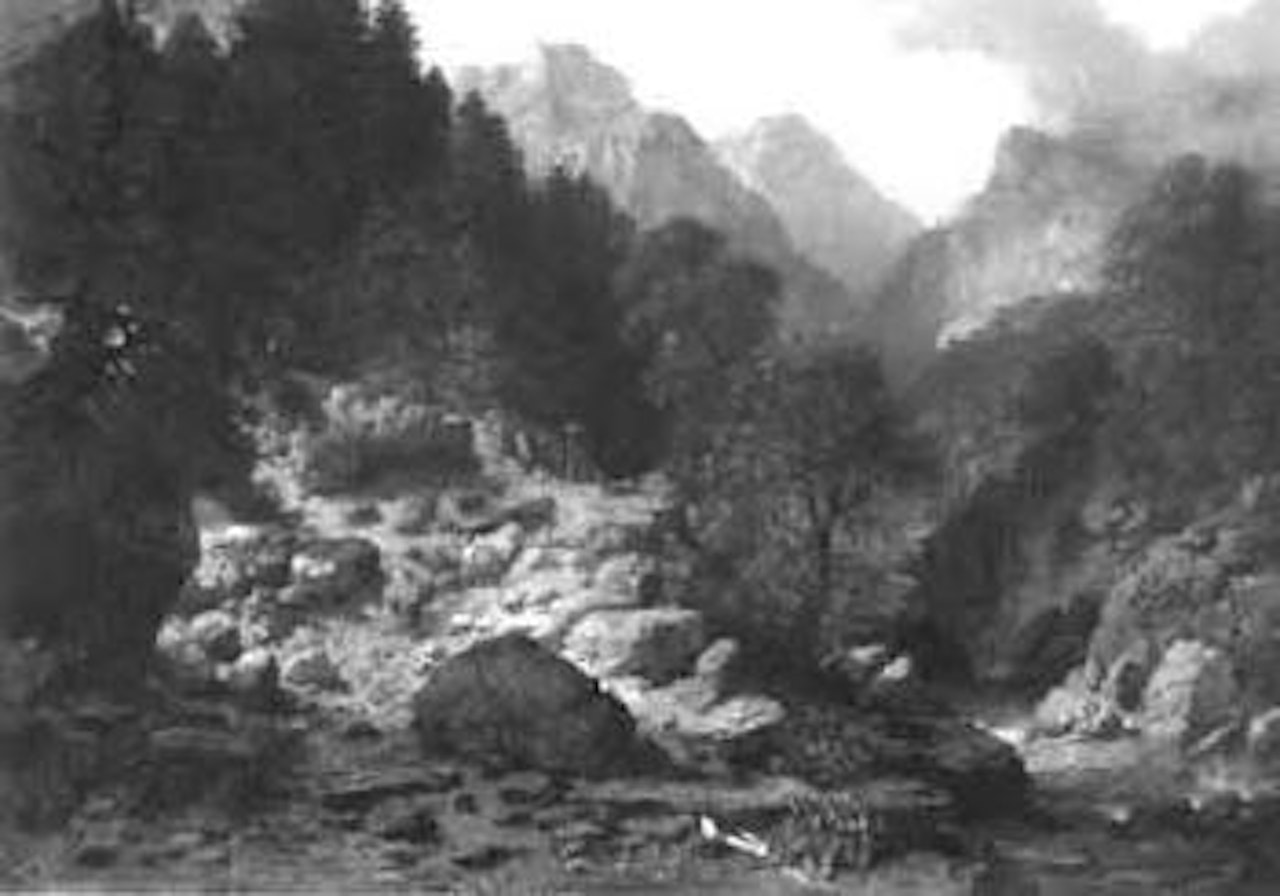 Shepherd and livestock on path by Continental School