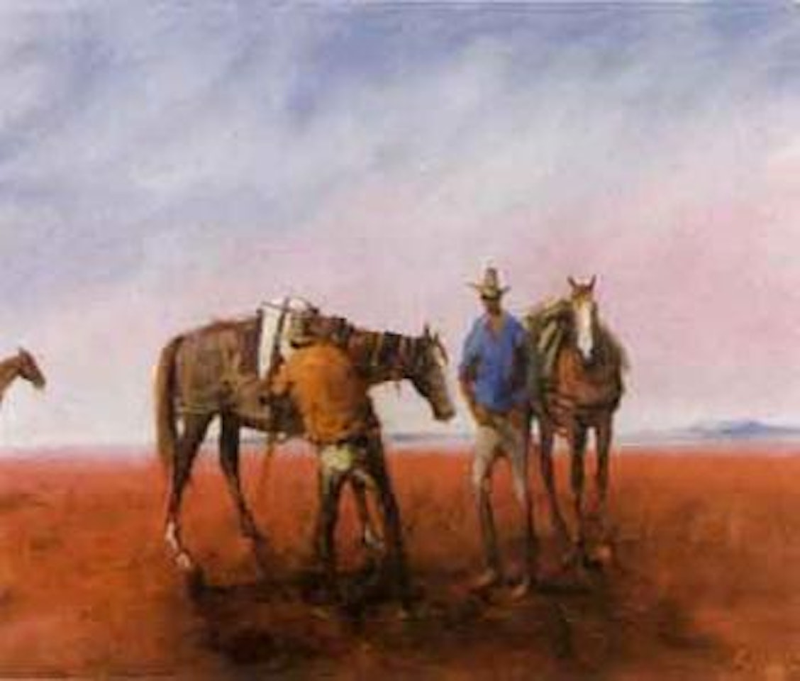 Loading the pack horses, West Queensland by Hugh Sawrey