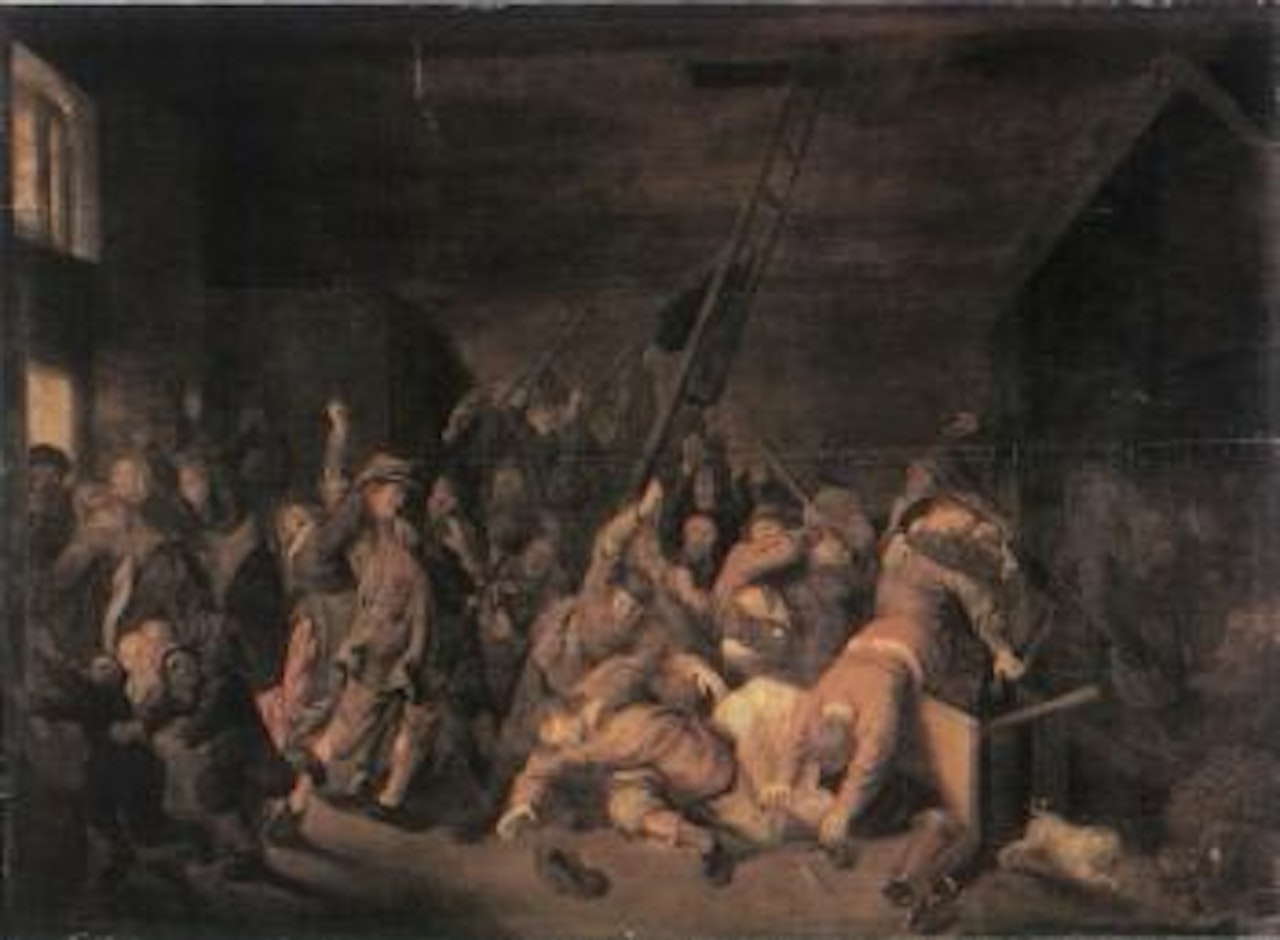 Interior scene with men fighting by Jan Miense Molenaer