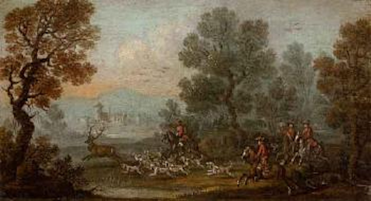 Stag and dogs. Hunting scene by German School