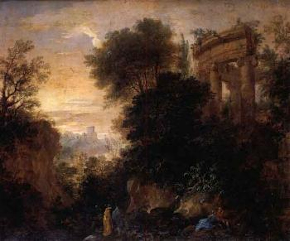Landscape with figures and architecture by Hubert Robert