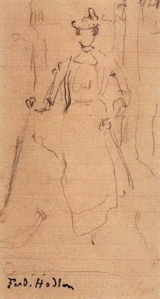 Berthe Hodler walking by forest entrance by Ferdinand Hodler