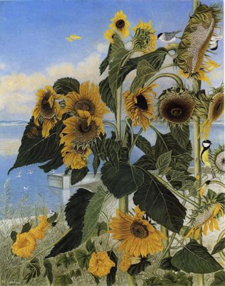 Sunflowers before lake landscape by Adolf Dietrich