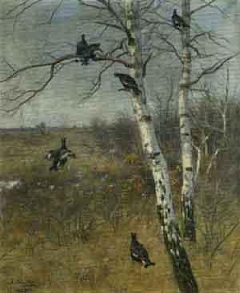 Wooded landscape with wild hens by Josef Schmitzberger