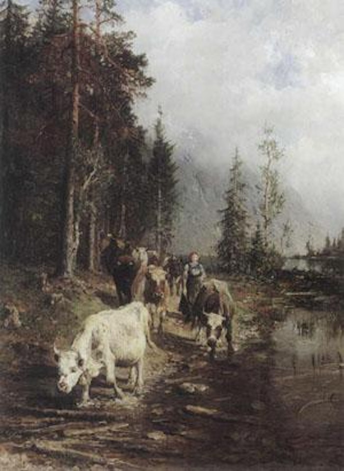 Cattle being herded by milkmaid by Anders Monsen Askevold