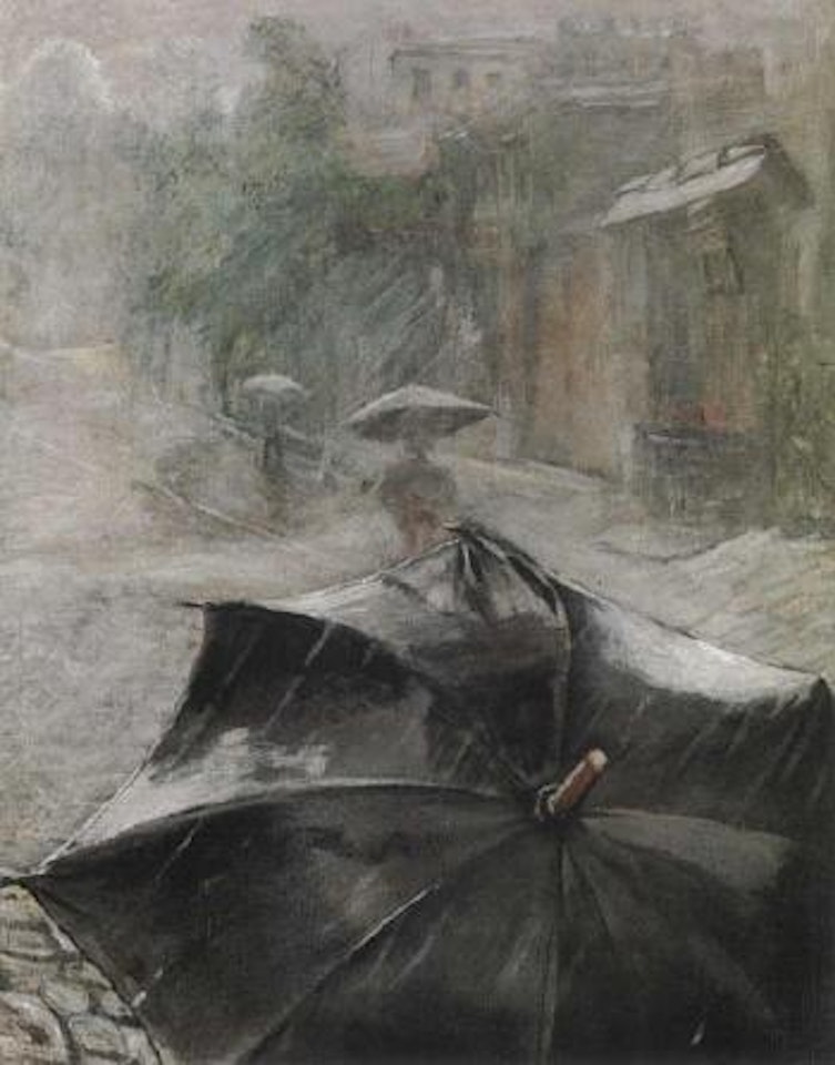 Rainy day with one's umbrella up by Christian Krohg