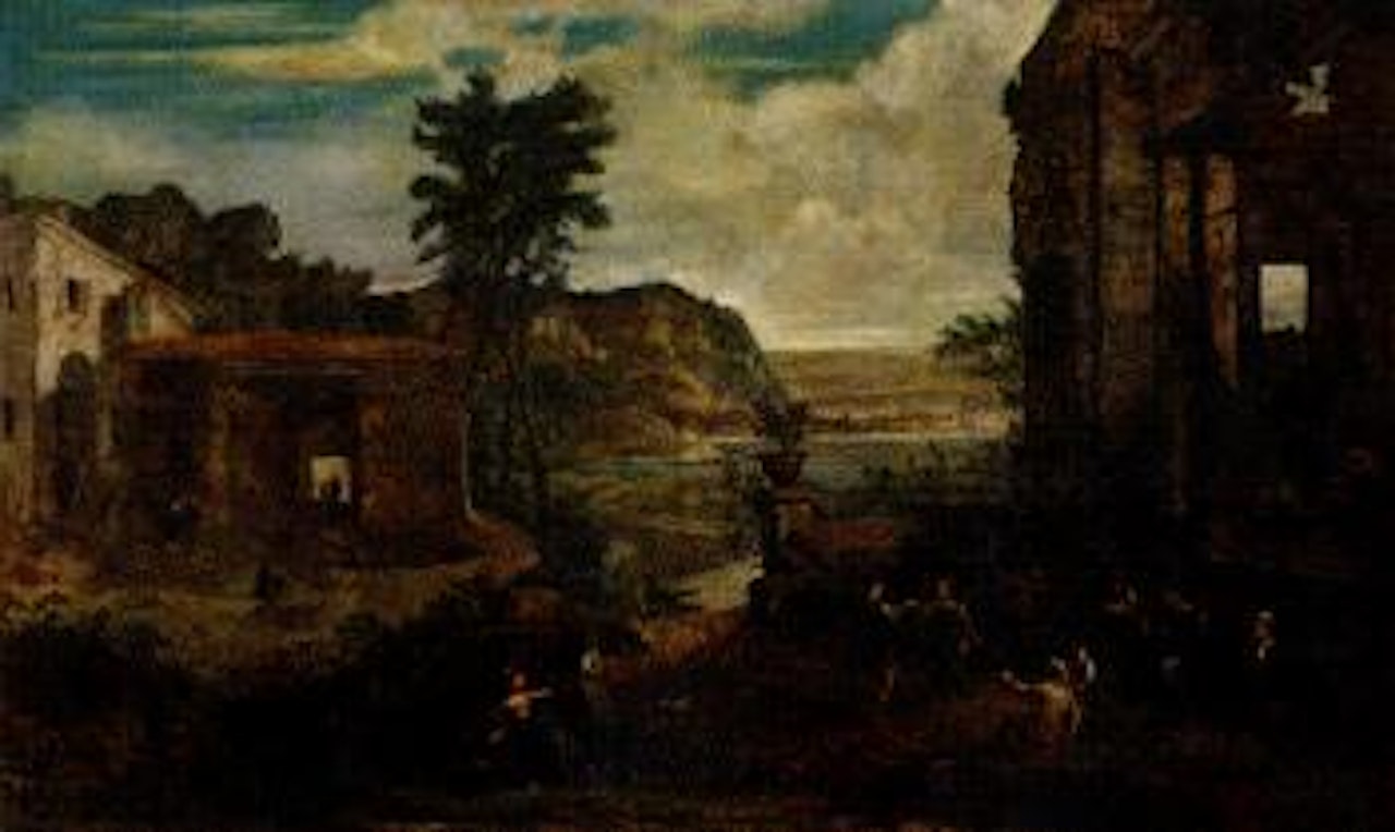 Northern Italian ruin landscape by lake by Italian School