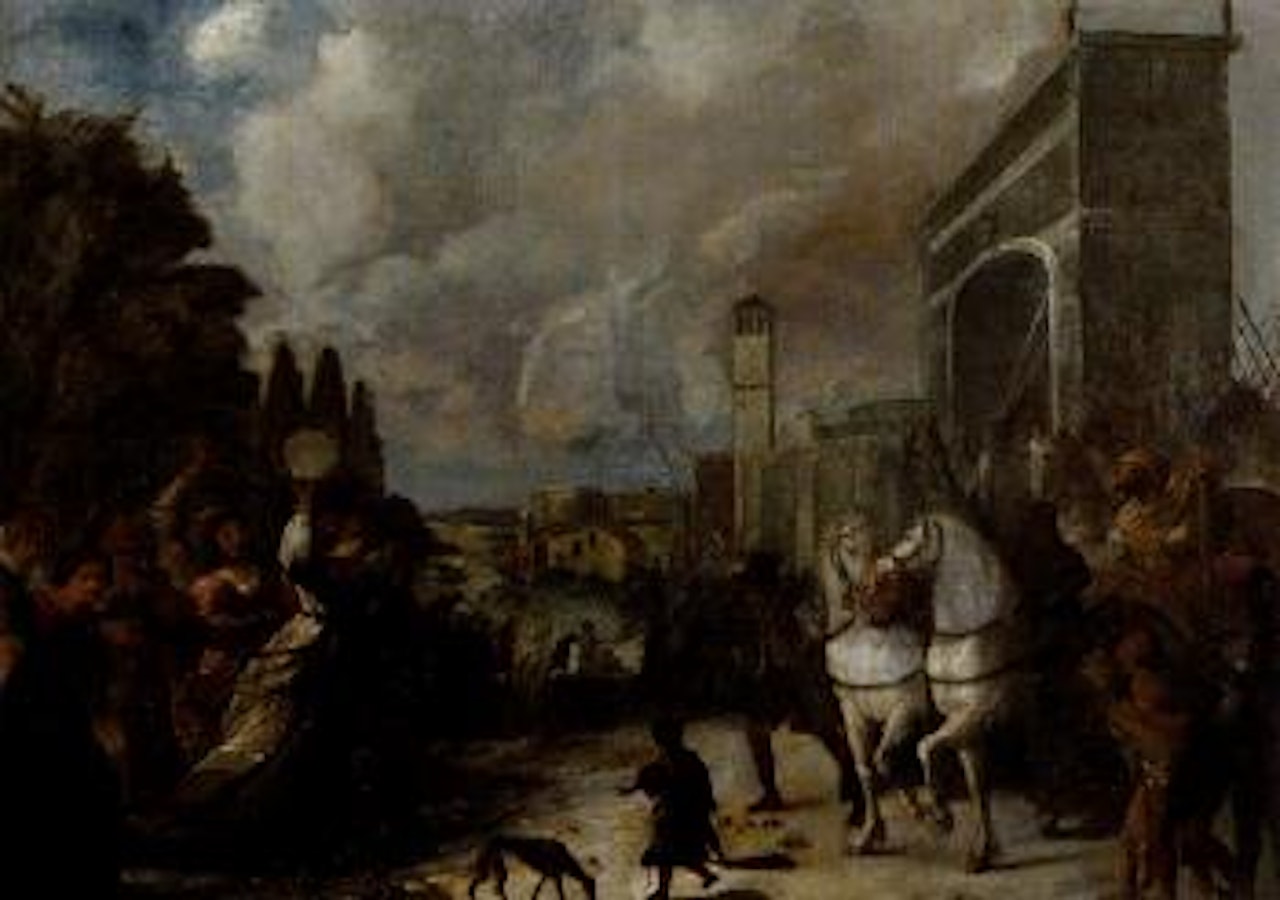 Women with music greeting troops returning after battle by Dutch School