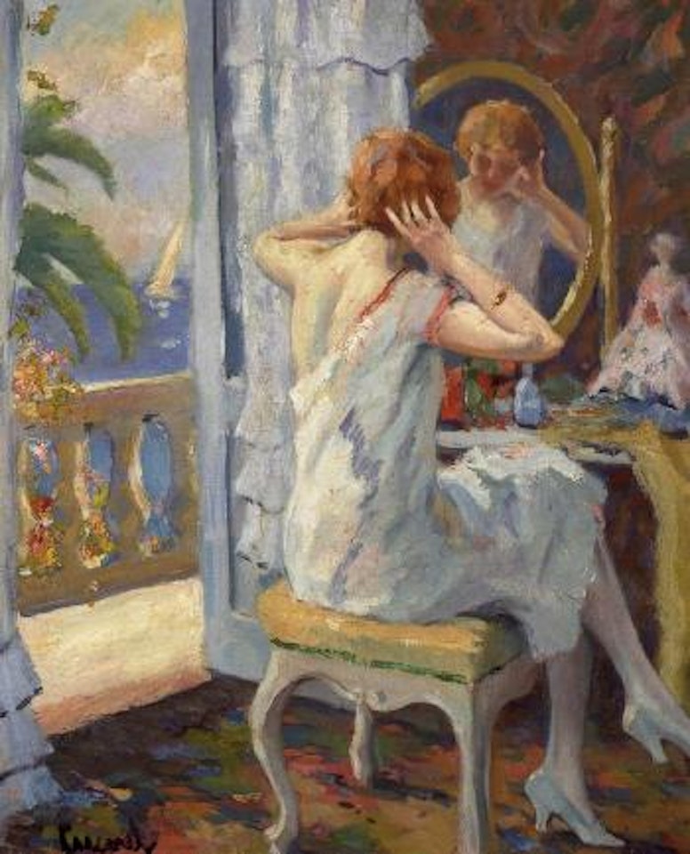 Woman dressing in morning by Edward Cucuel