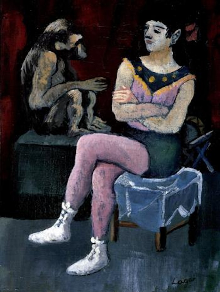 Seated acrobat with ape by Celso Lagar