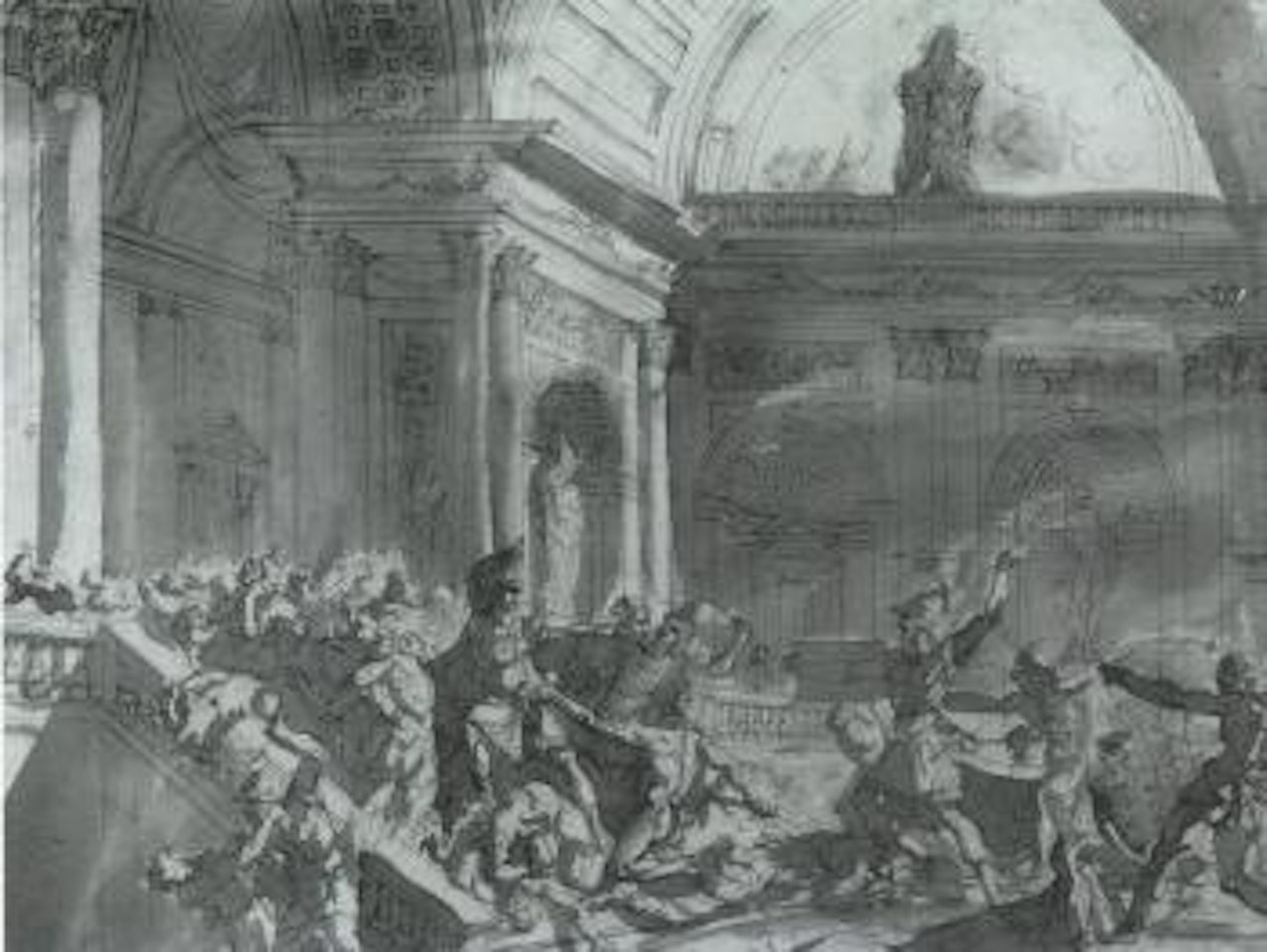Classical warriors fighting on staircase of a palace by Louis-Félix de la Rue