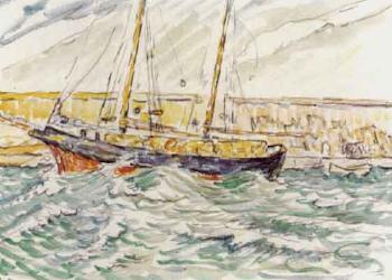 Sailing boat anchored in a harbour by Paul Signac