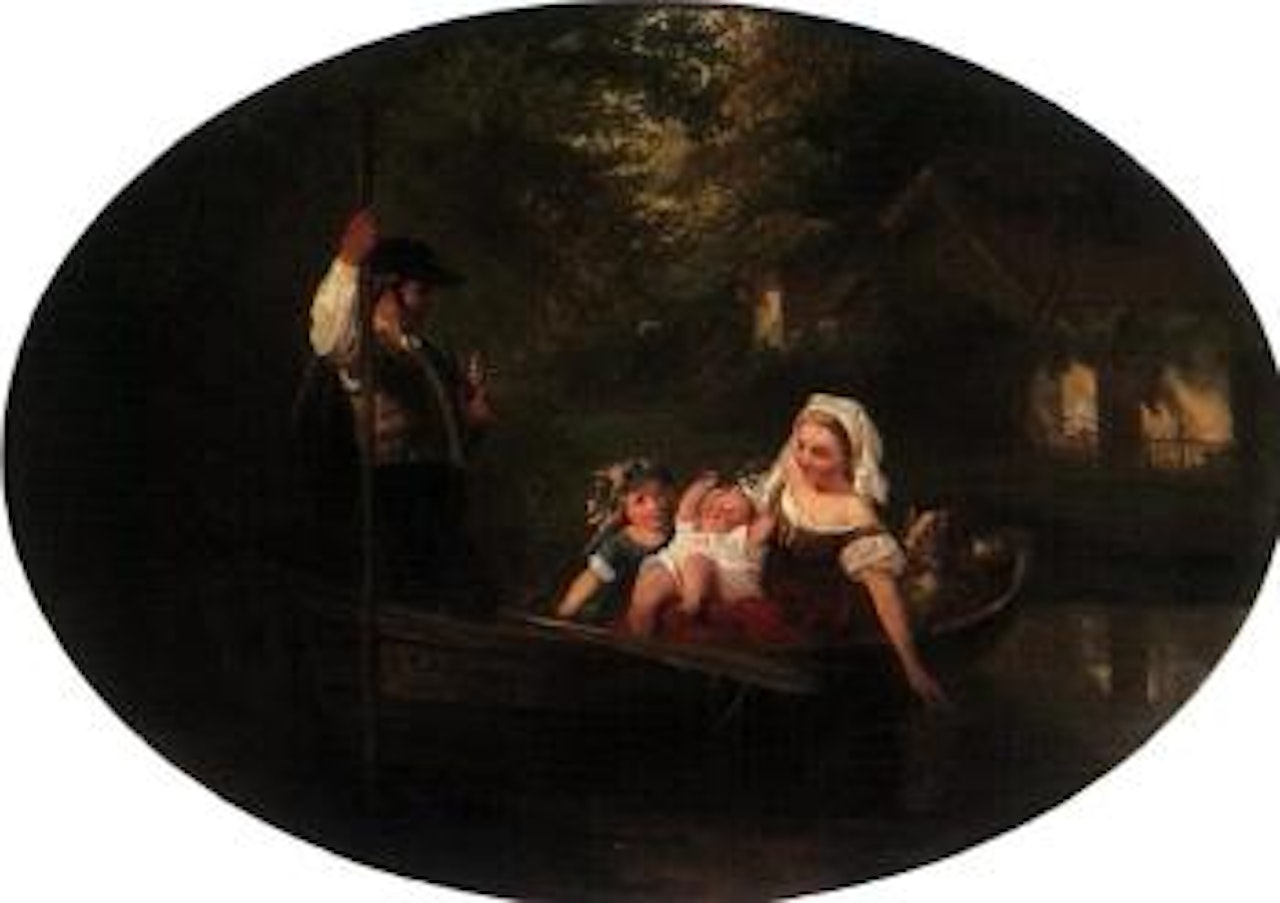 Young family in boat on calm river by Franz Kels