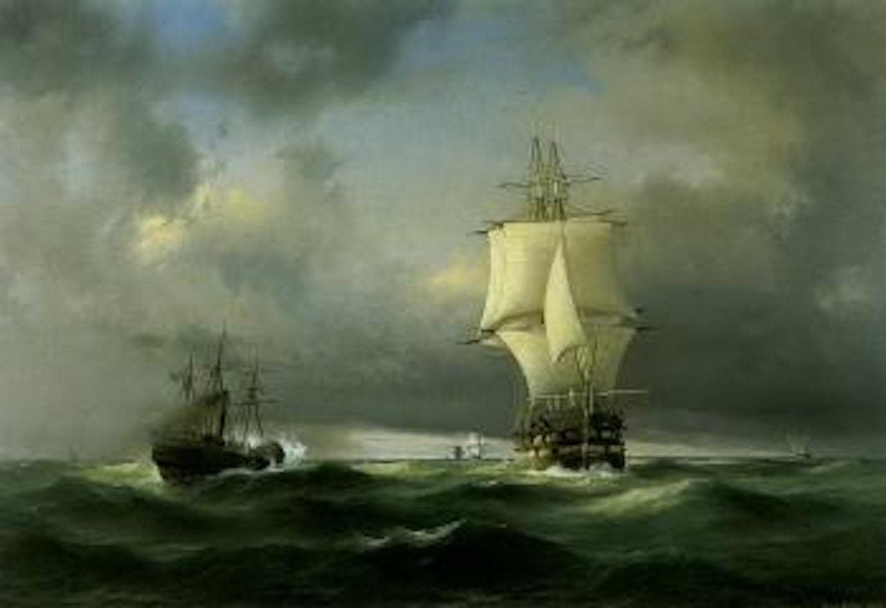 English steamship breaking through French blockade by Anton Melbye