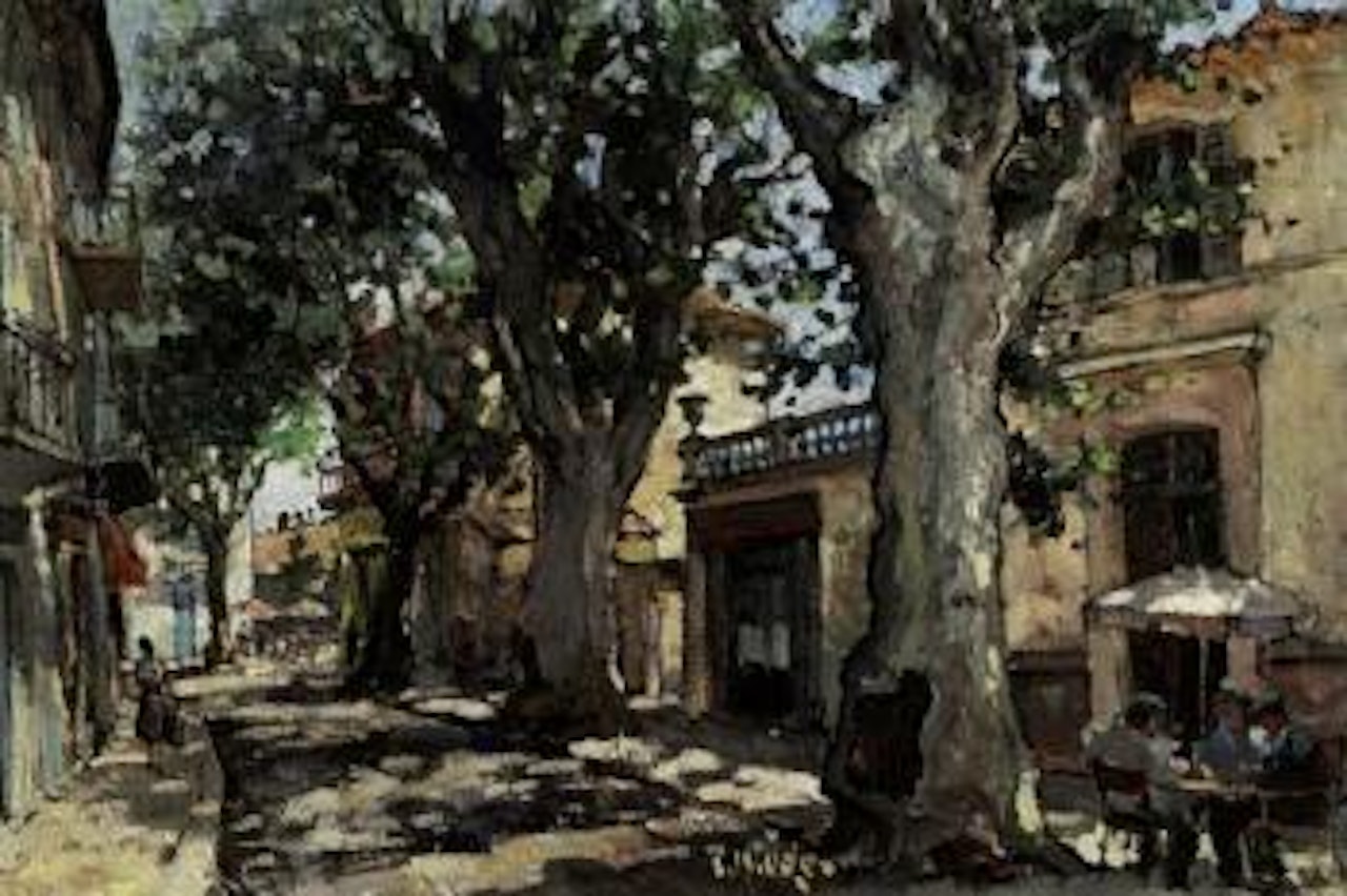 Village street scene with figures playing cards at an outdoor cafe by Constantin Kluge