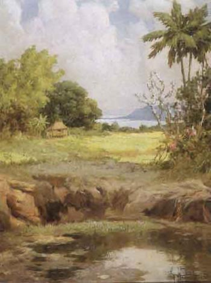 View of bay with hut and pond in the foreground by Fernando Amorsolo