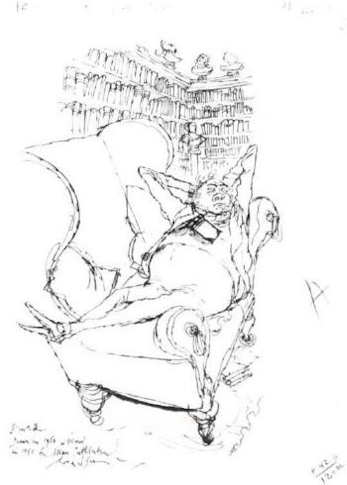 Man reclining on a reading room sofa by Ronald Searle