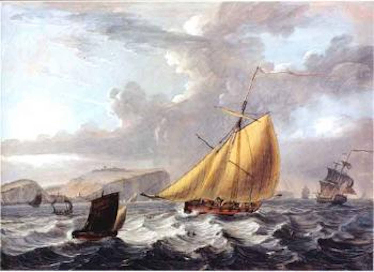 Cutter and frigate off the coast at Dover, the sun behind clouds by English School