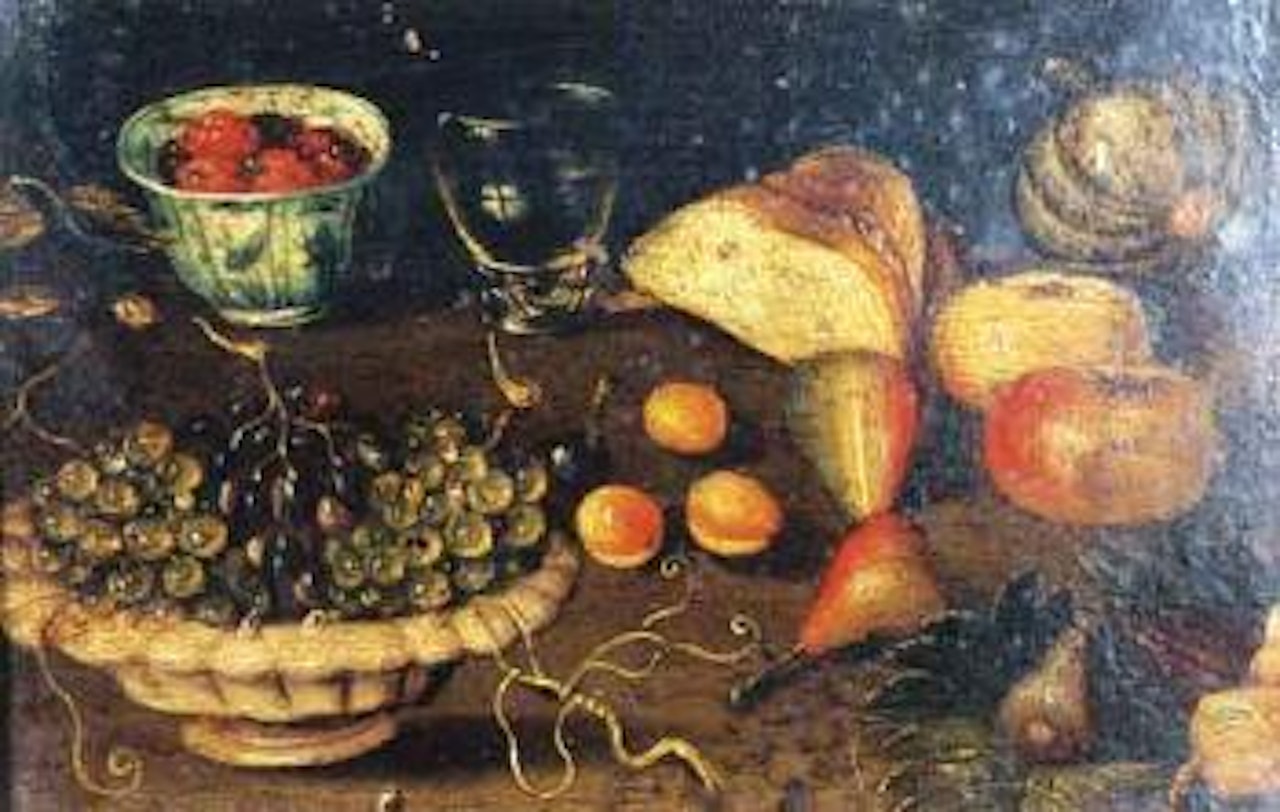 Still life of grapes in a tazza, Ming cup containing raspberries and other fruit by Jan Van Kessel The Elder