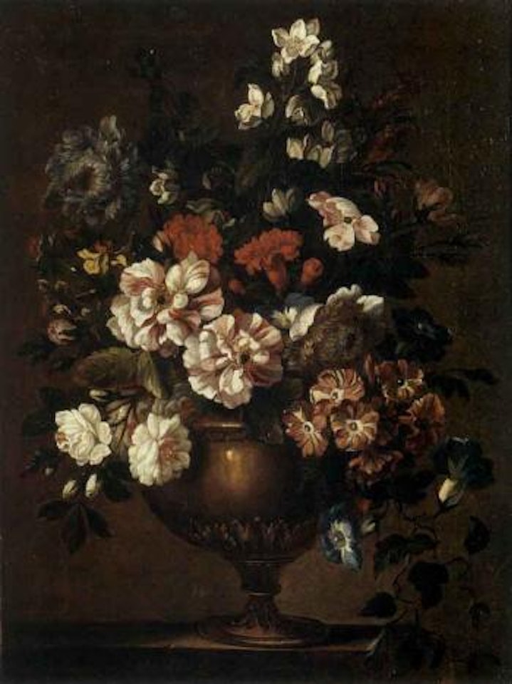 Still life with zinnias, carnations and other flowers in bronze vase by Jean Baptiste Monnoyer