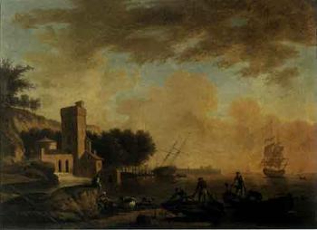 Harbour scene at sunset with fishermen by Claude Joseph Vernet