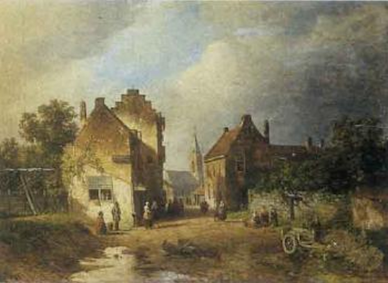 View of village with figures on road by Dutch School