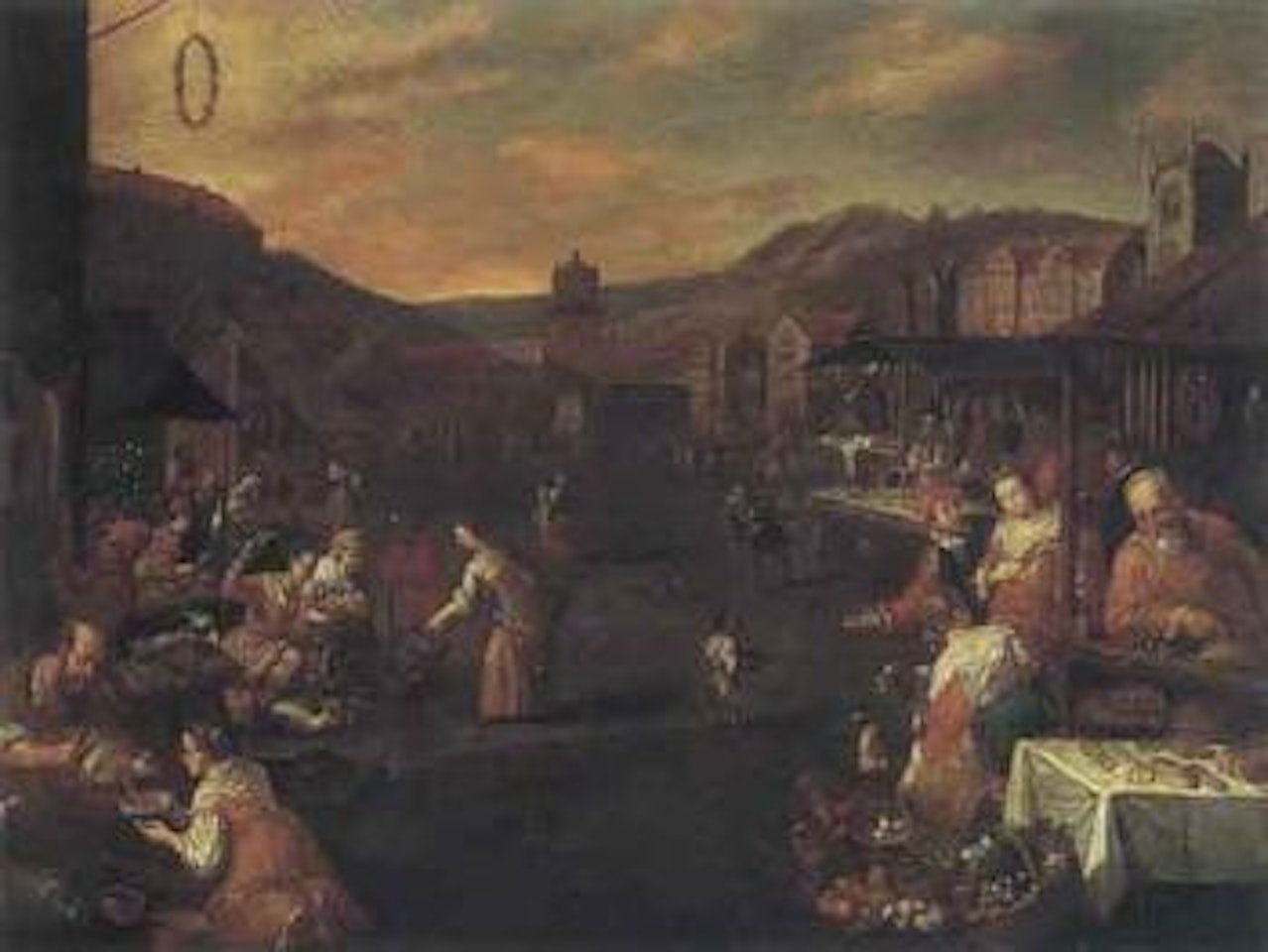 Open market scene with numerous figures at stalls by Leandro Bassano
