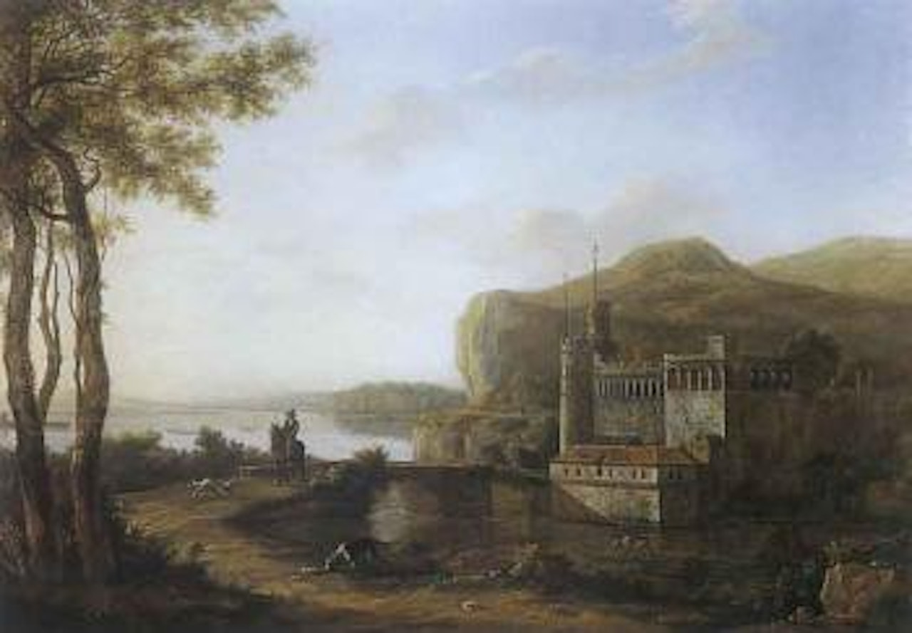 Extensive Italian landscape with fortress castle and figure on path by Jacob Philipp Hackert