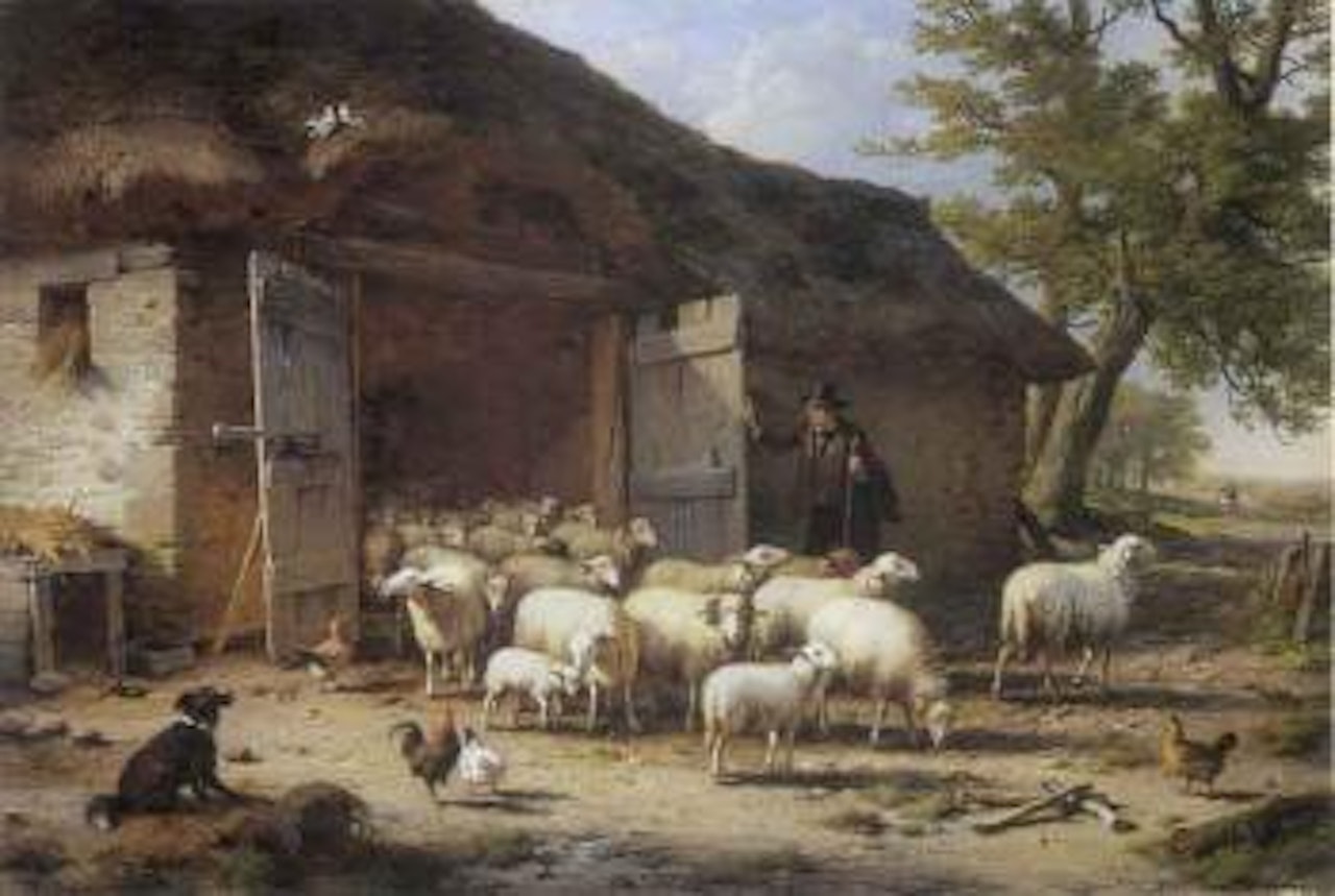 Shepherd releasing flock from barn by Eugène Joseph Verboeckhoven