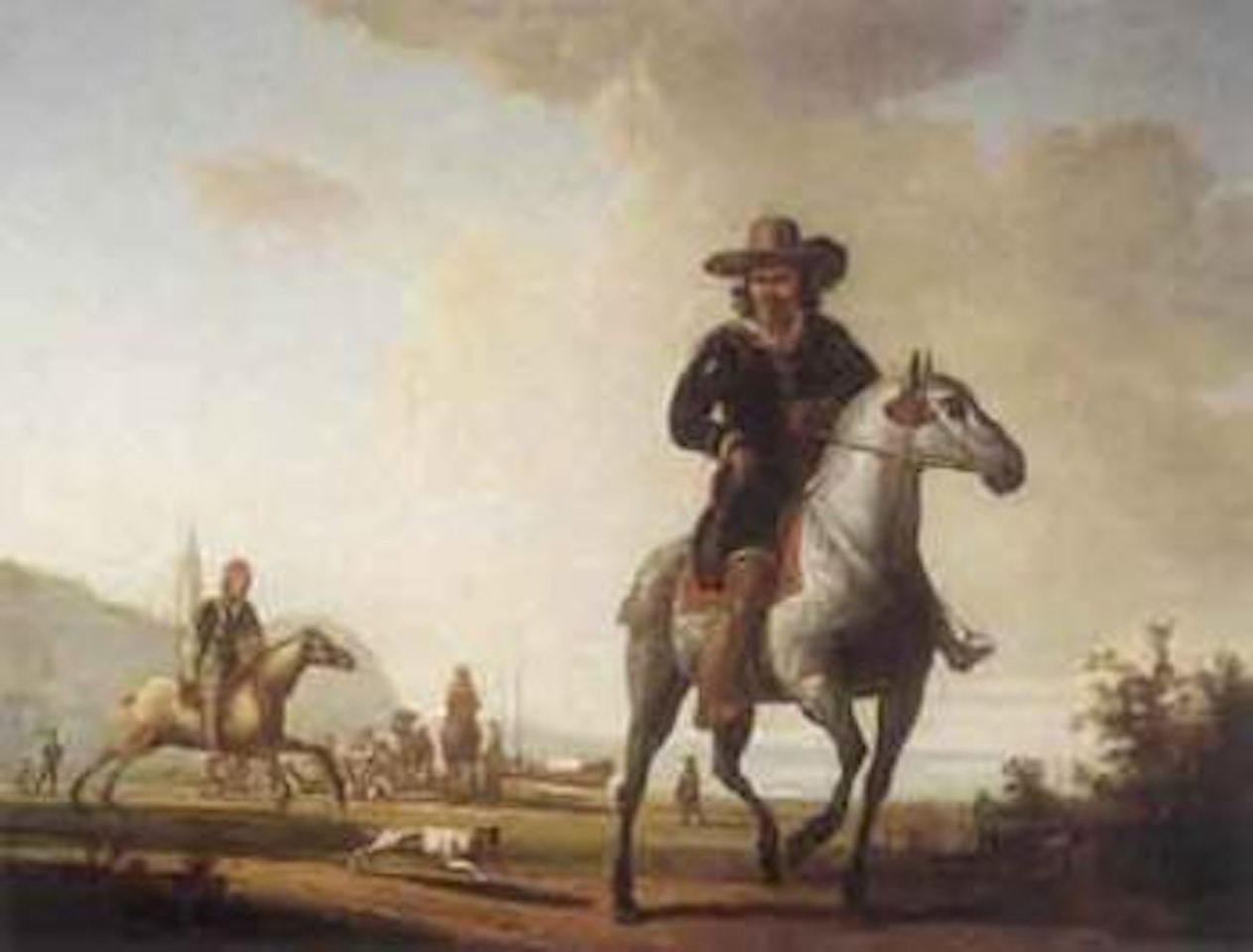Riders on horseback in coastal landscape by Dutch School