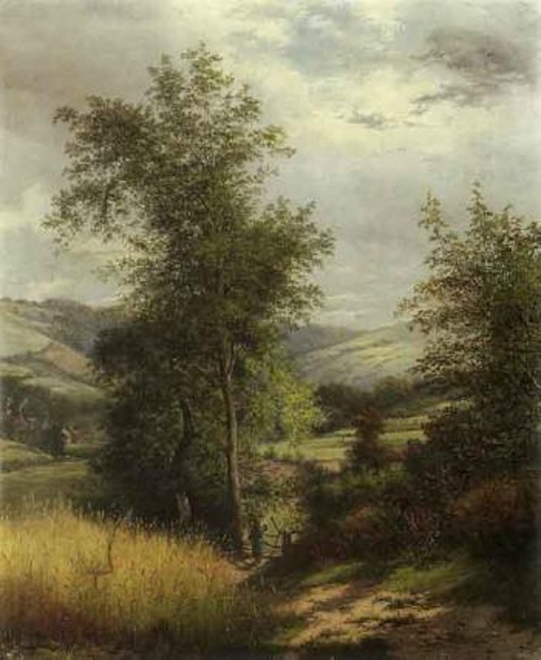 Extensive valley landscape with figure by gate and cottage by English School
