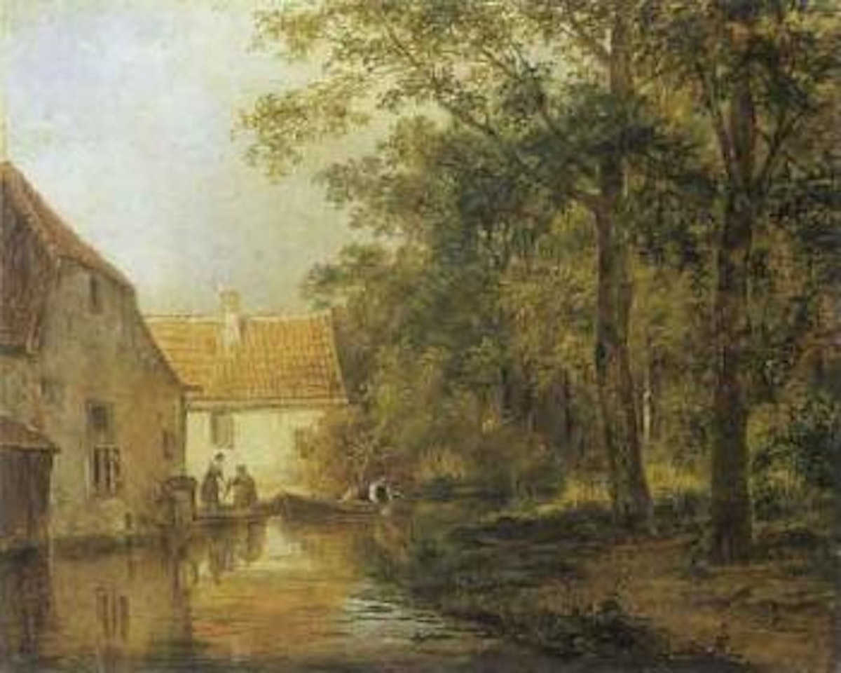 Village by wooded stream with three figures by Dutch School