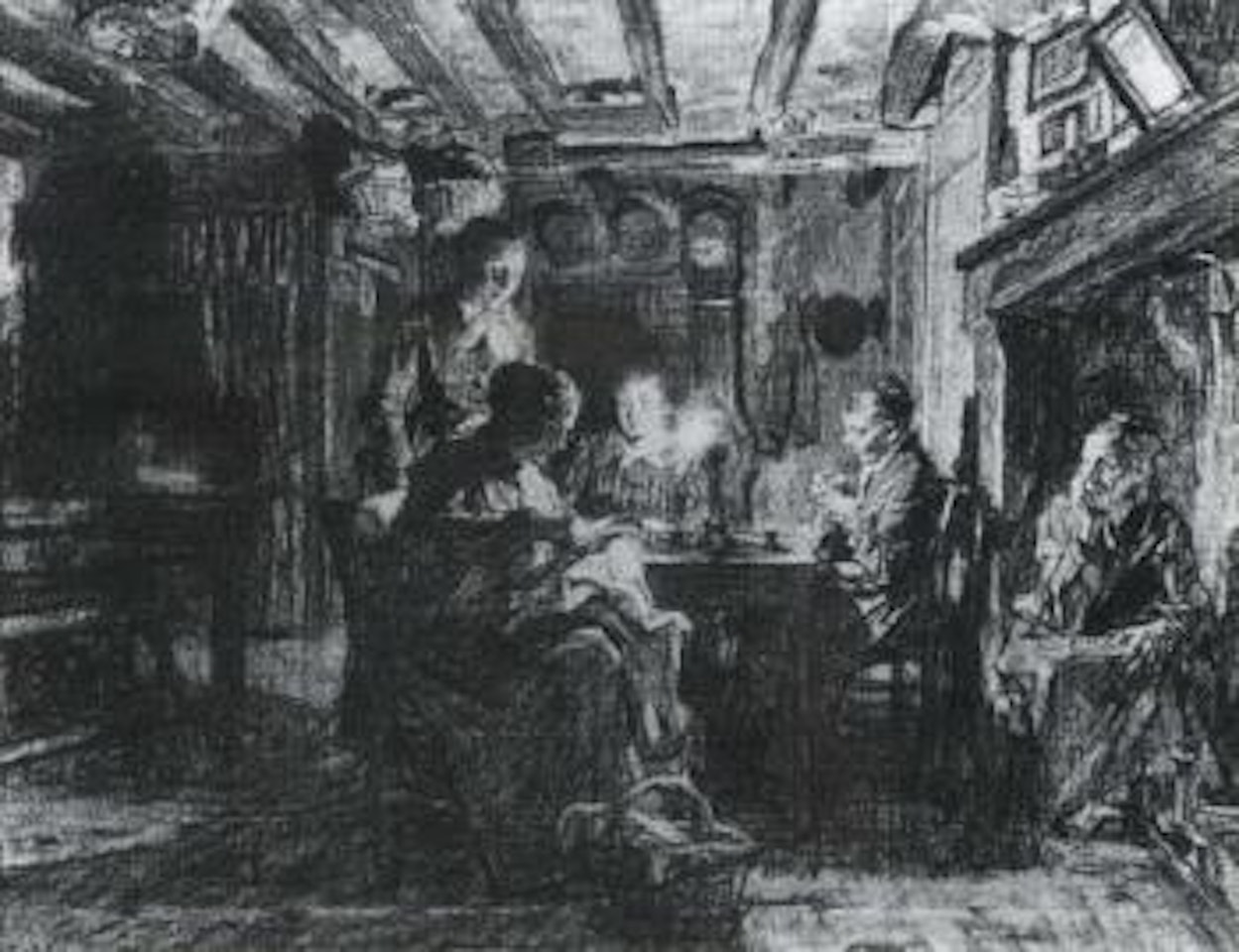 At home by the hearth by Léon Augustin Lhermitte