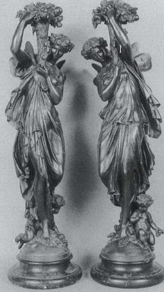 Winged female figures, one with a basket of flowers and one with fruit by Mathurin Moreau