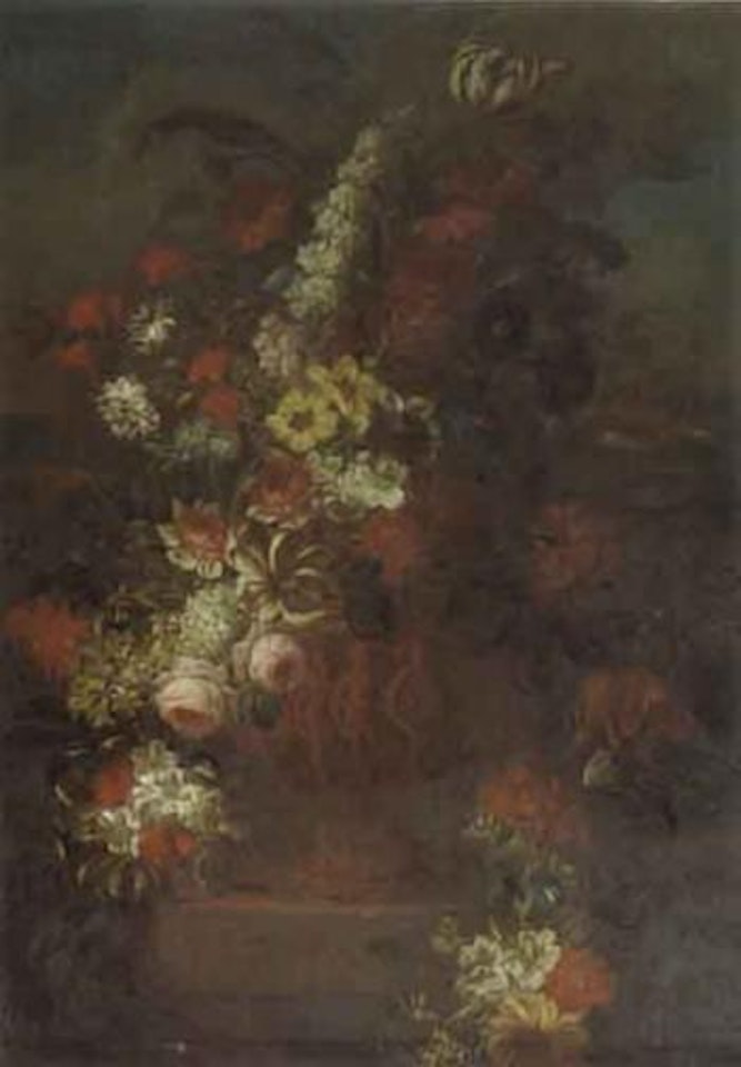 Roses, tulips, carnations and other flowers in a sculpted vase by Pieter Hardime