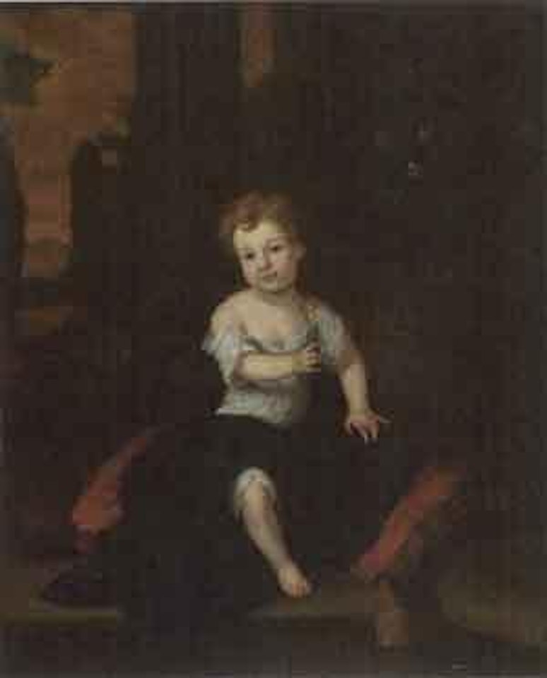 Portrait of boy in classical surroundings by English School