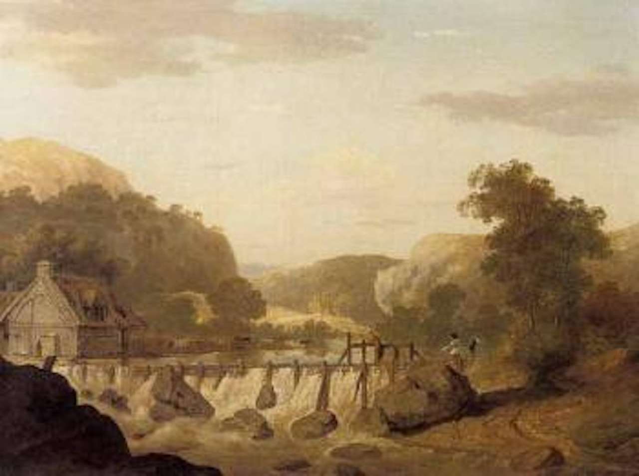 Welsh river landscape with cattle watering, fishermen beside a weir by Thomas Jones