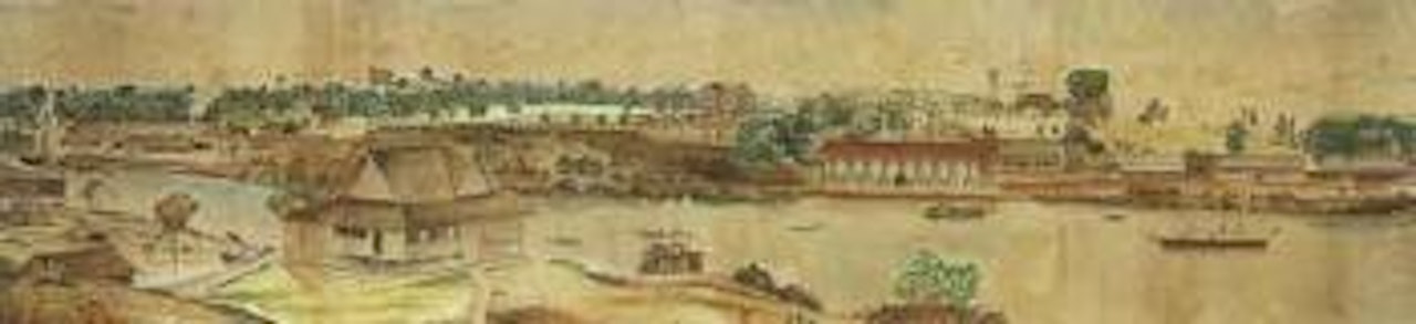 Panoramic view of a British settlement on a river in Malaya by English School